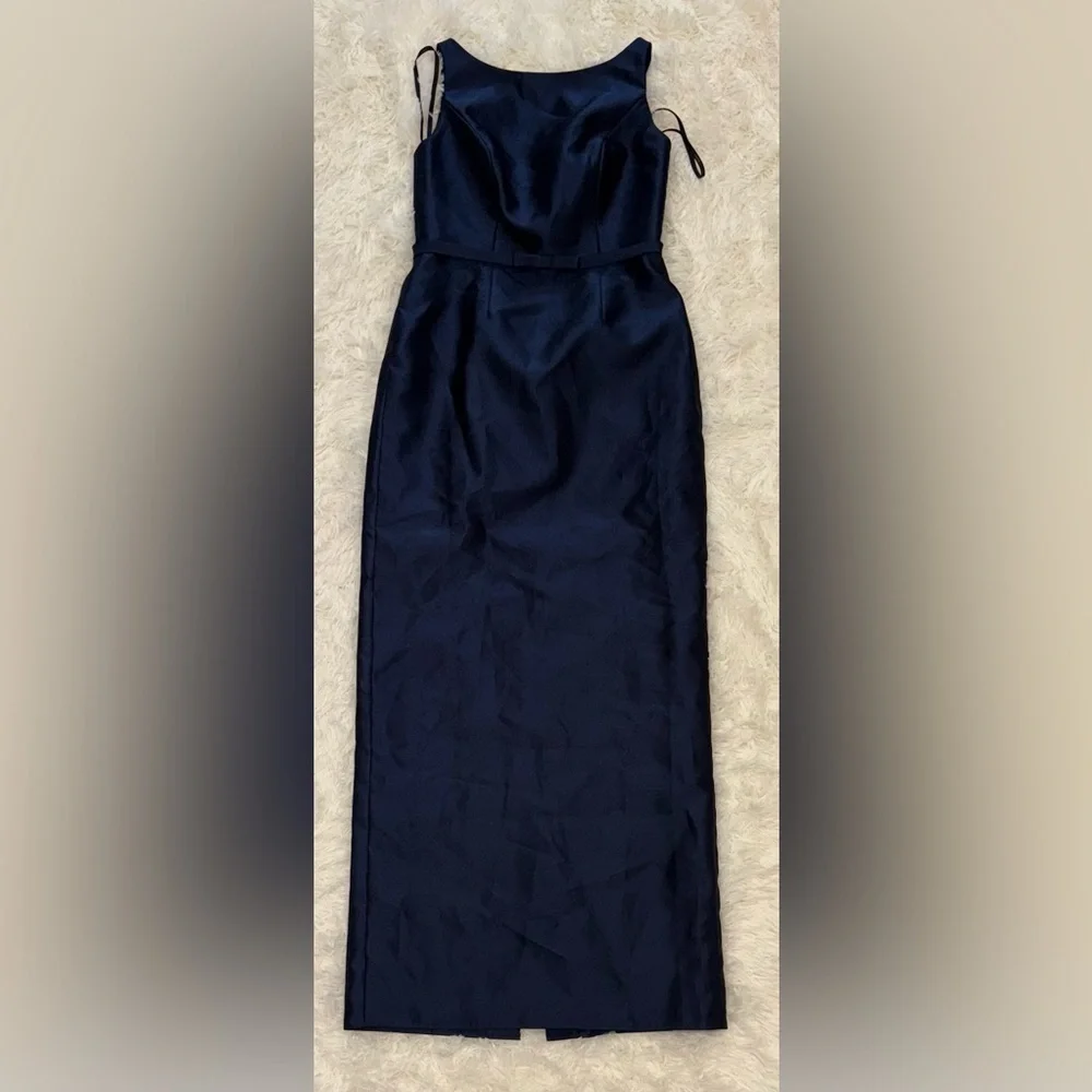 NEW Alfred Sung Strapless Bow Belt Satin Twill Column midnight blue Gown Sz 2 - Picture 3 of 8